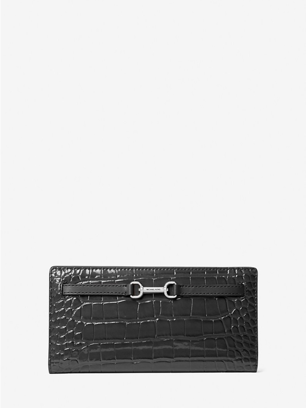 Michael Kors Black Croc-Embossed Leather Wallet with Silver Hardware